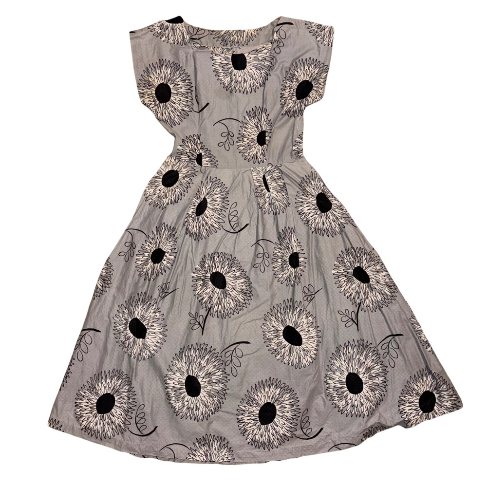 Vintage 60s Grey Floral Fit and‎ Flare Dress Cap Sleeve Retro Mid Century Style